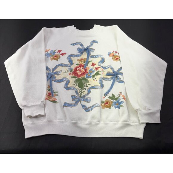 Vintage 80s Floral Bow Sweatshirt OSFA or XL Made In USA Blue Pink - Picture 1 of 6